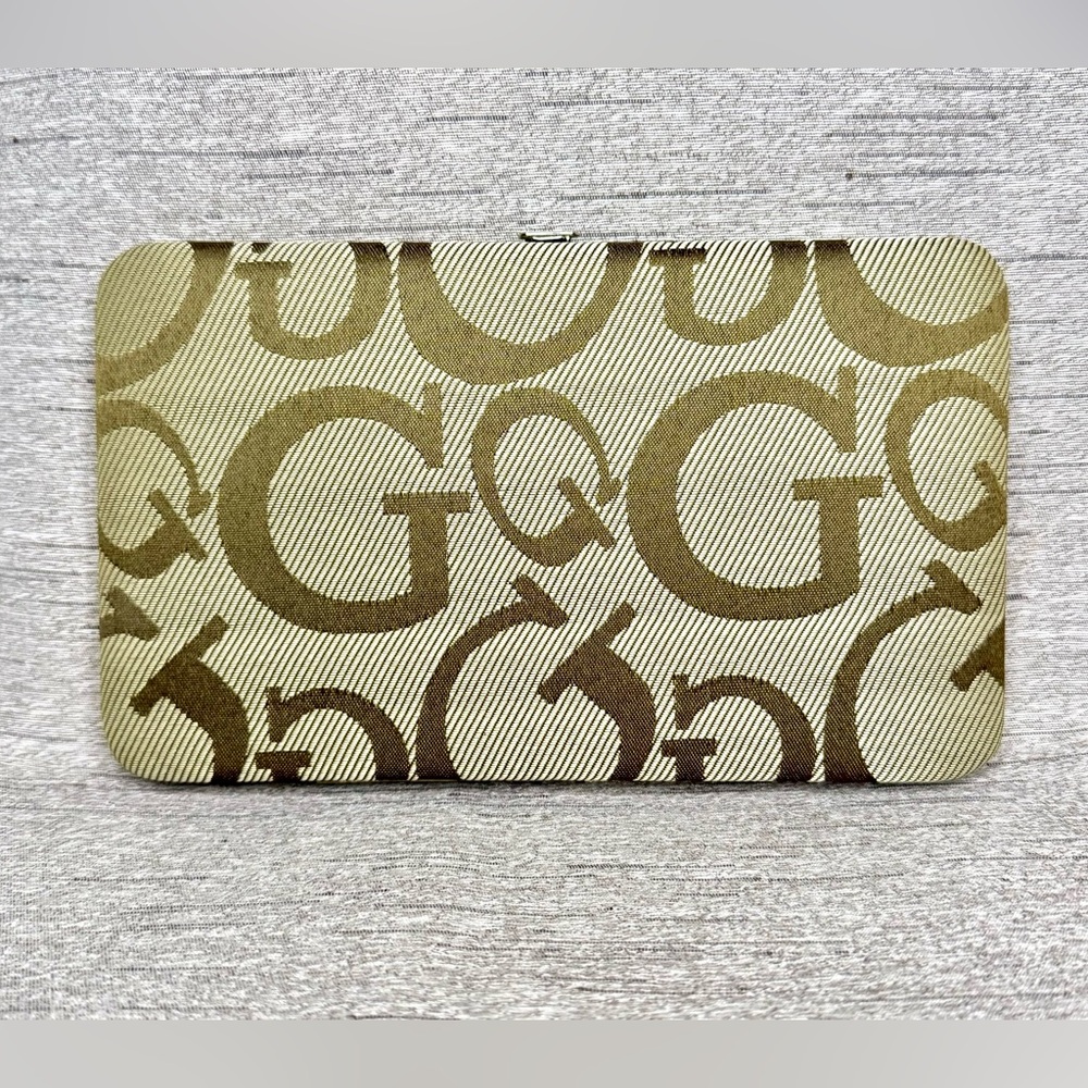 NWT Tan & Brown “G” Logo Clutch / Wallet with Silver frame & locking closure